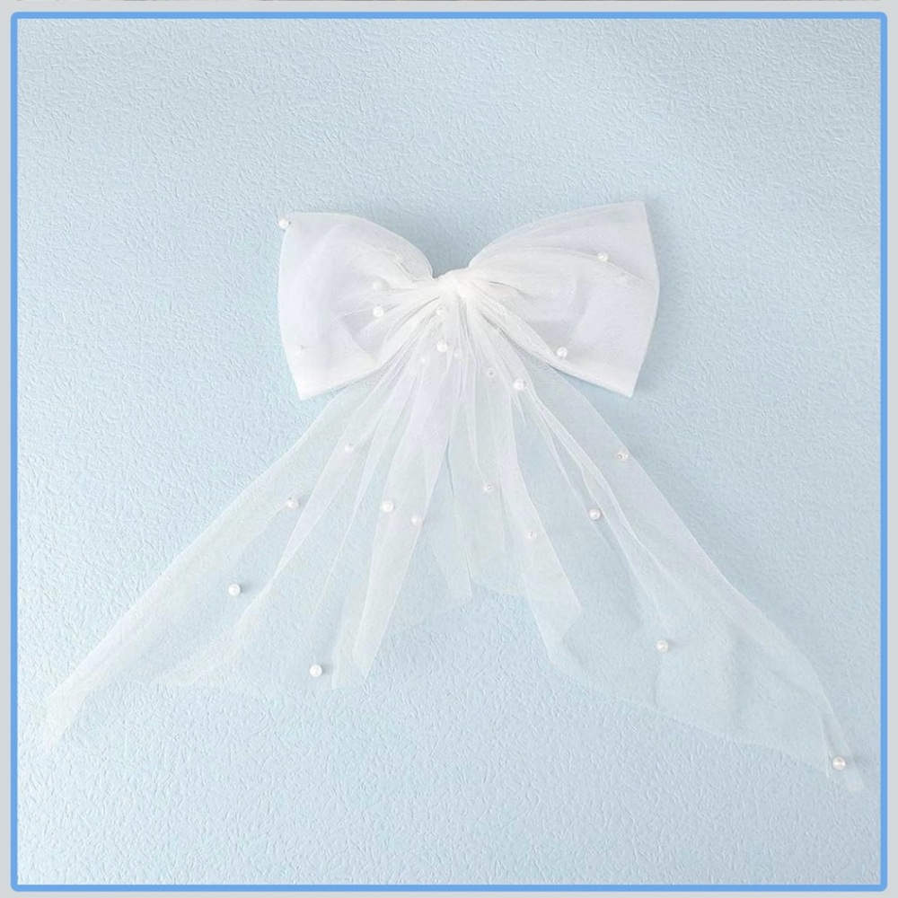 White Tulle Bow Hair Clip with Pearl Accents